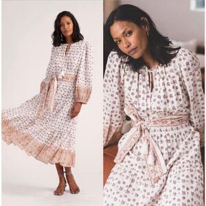 Cleobella Blakely Floral Long Sleeve Midi Dress in White Brown Large